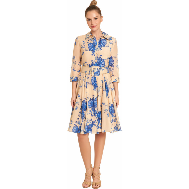 Silk and cotton Belted Blue Flowers Dress - Hottie + Lord