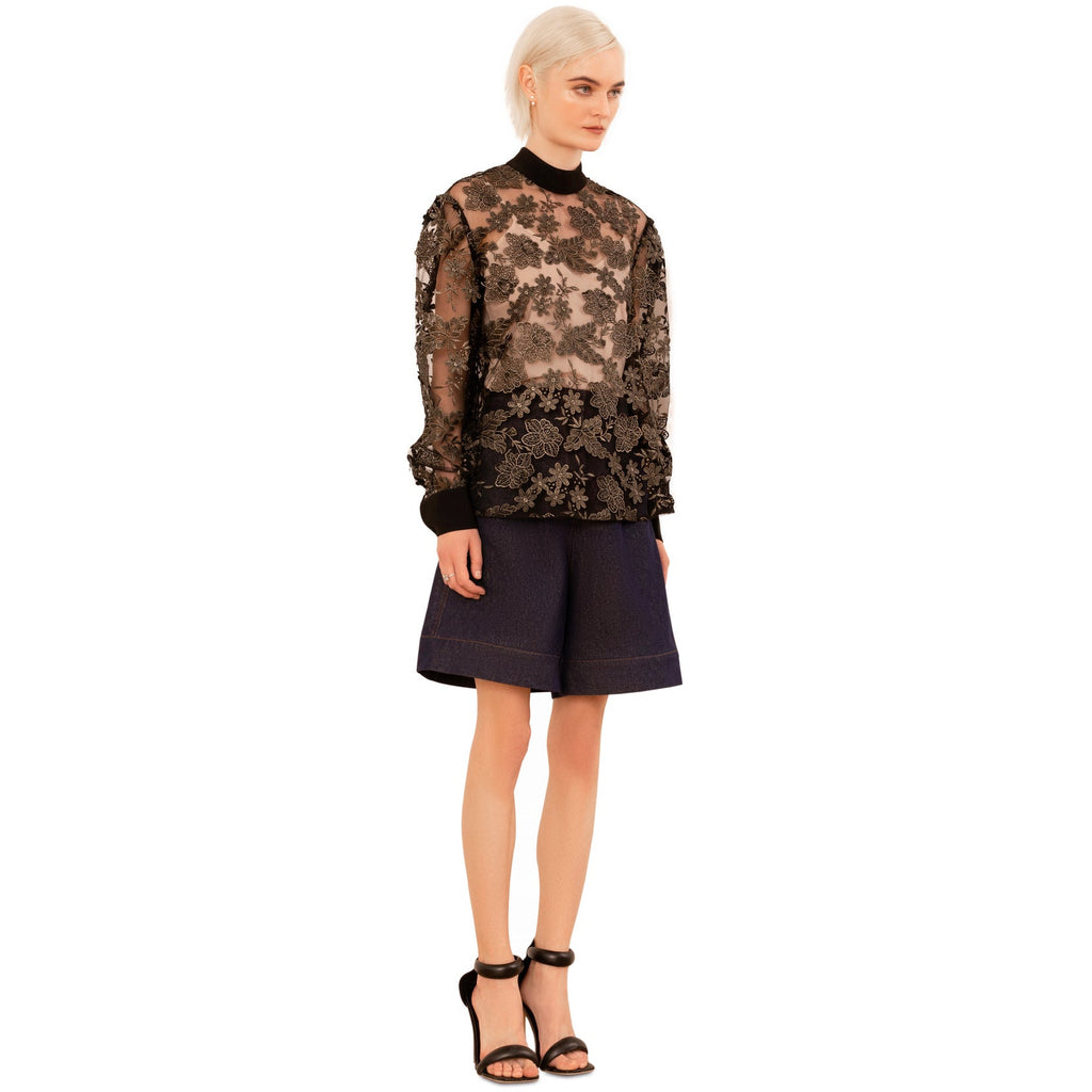 トップス Sheer Embroidery Blouse Women's Lingerie Long Sleeve Sheer Tops See Through Button